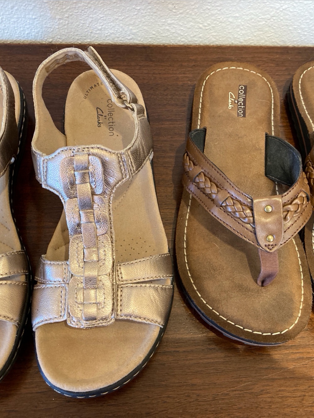 Two Pairs Clarks Sandals Metallic Sandals and Leather Flip Flops Size 7